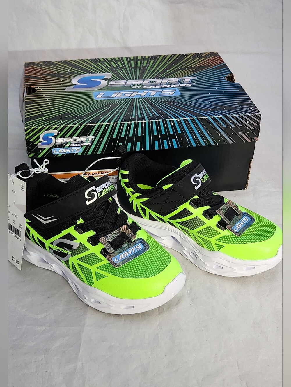 Skechers "Jayden" Kids' Neon Green And Black Light-Up Sneakers Size Kids 8 NWT